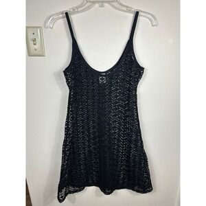 Crochet Open Knit Mini Dress Womens M Black Sheer Cover Up Layering Party Dainty